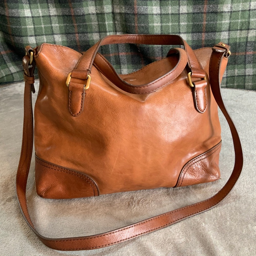Frye Vintage Cognac Leather Satchel Crossbody Bag Brass Hardware Snap Closure